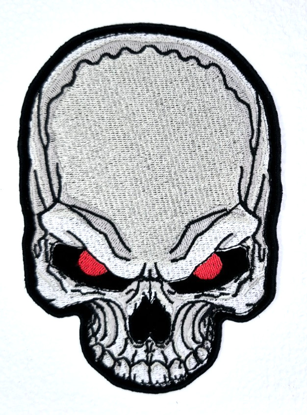 Skull With Red Eyes Iron-On Embroidered Patch 4" x 5 1/2"