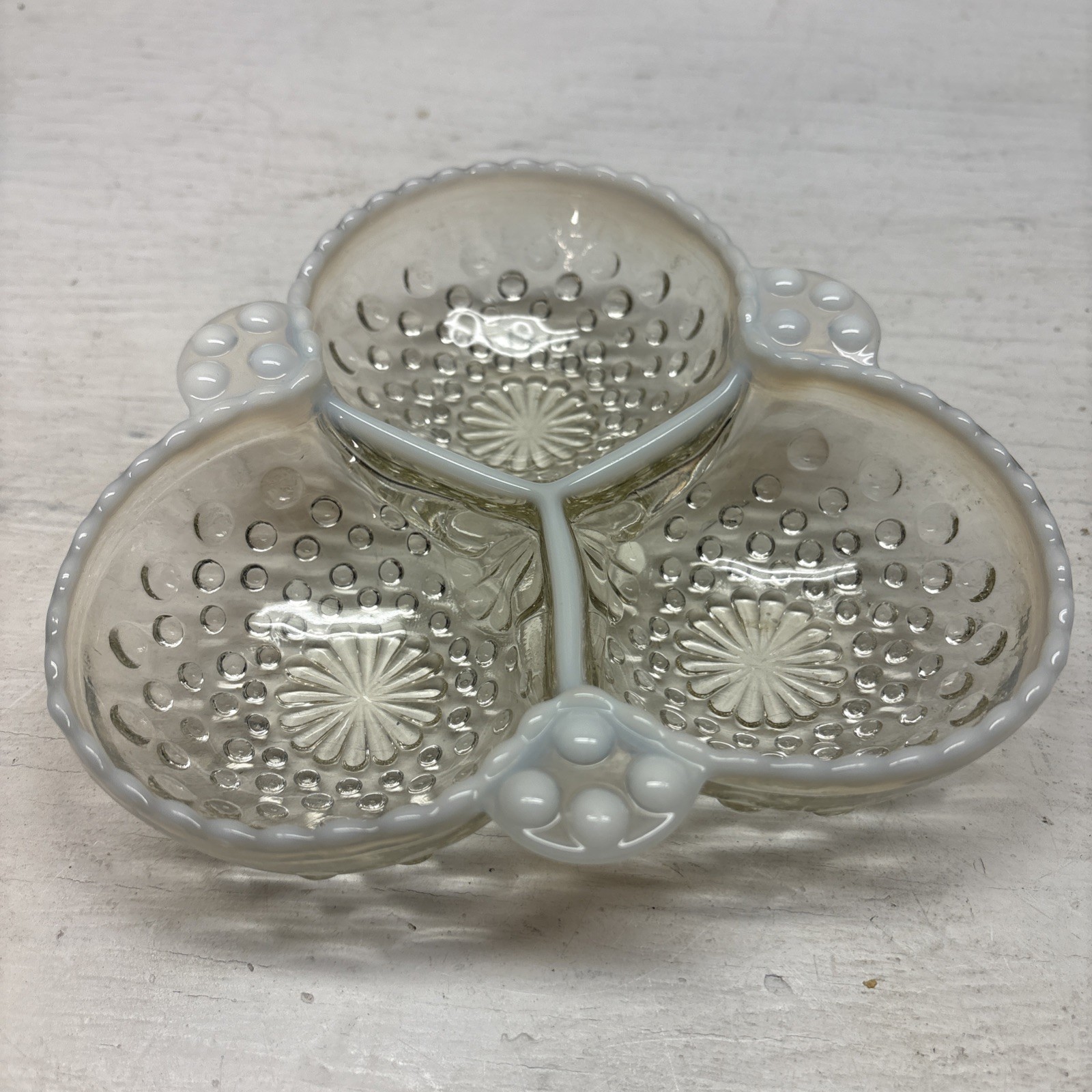 Vintage Anchor Hocking Moonstone Clear Opalescent Hobnail 3-part Relish Dish