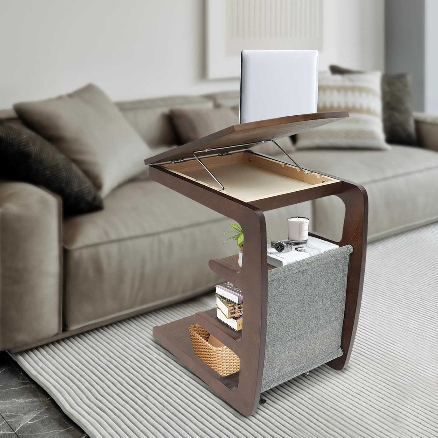 4-Tier C-Shaped End Table w/ Wheels End Table w/ Concealed Storage Compartment