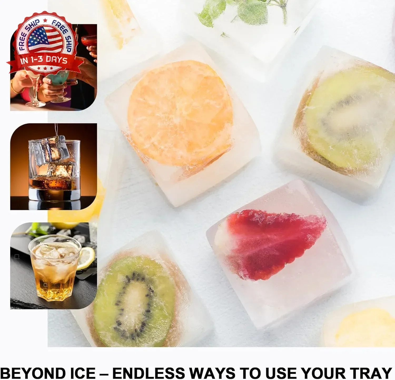 Large Square Ice Cube Molds Silicone Stackable Lid 6 Cavities 3 Packs for Drinks