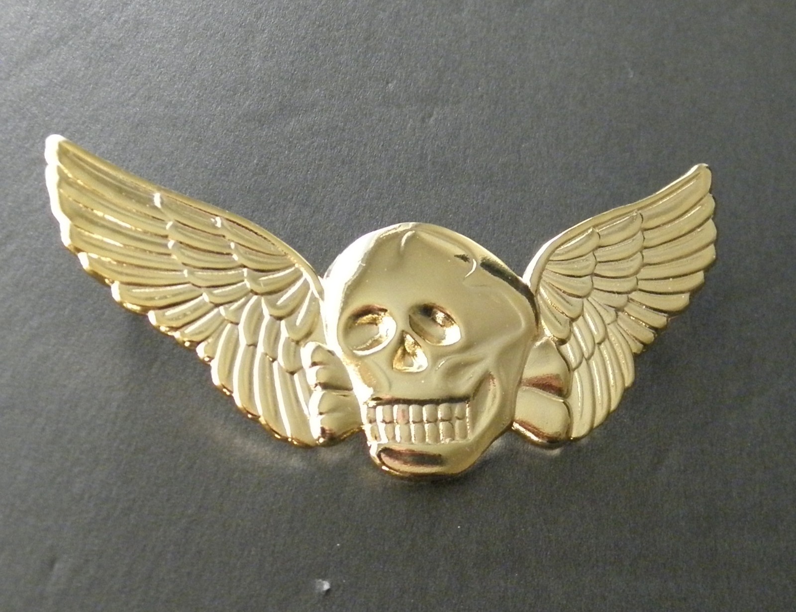 Skull Death Wings Biker Special Forces Gold Colored Hat Jacket Lapel Pin 3 inch