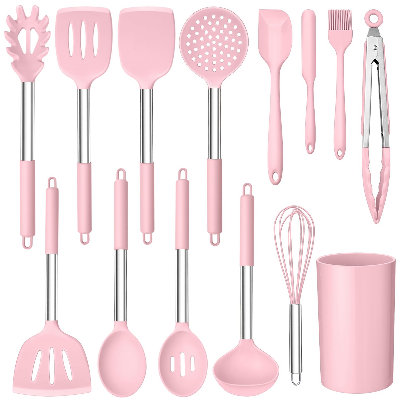 Kitchen Utensil Set of 14, Silicone Cooking Utensil Set with Stainless Steel ...