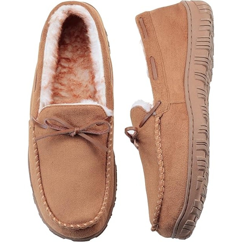 Vlly Mens Size 9 Tan Orange Faux Suede Micrsuede Slip On Moccasin Slipper Shoes