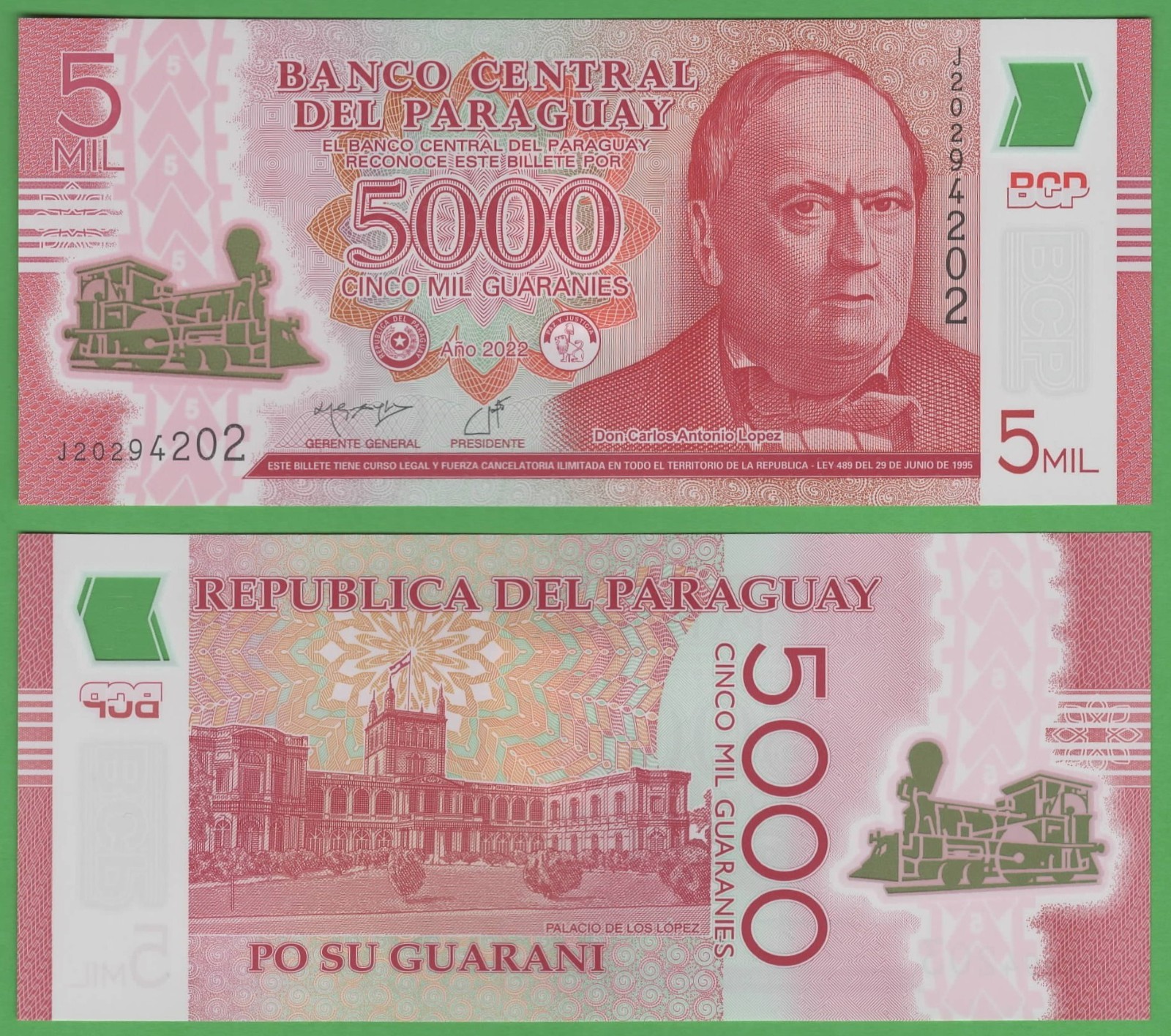 Paraguay 5,000 Guaraníes 2022 UNC • P‑234d • Polymer • Carlos A. López