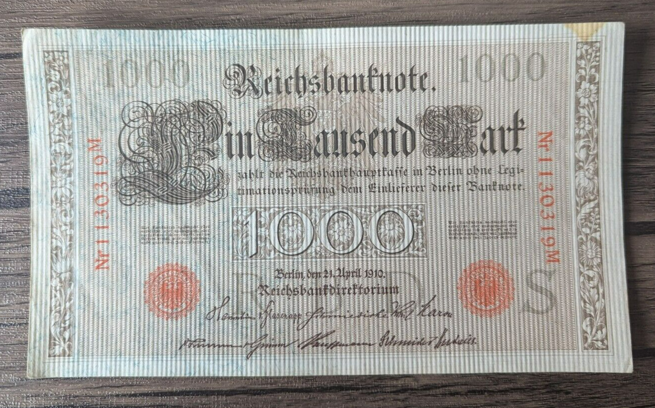 1000 Mark Banknote - Reichsbanknote 1910 Imperial Note Vintage German Money