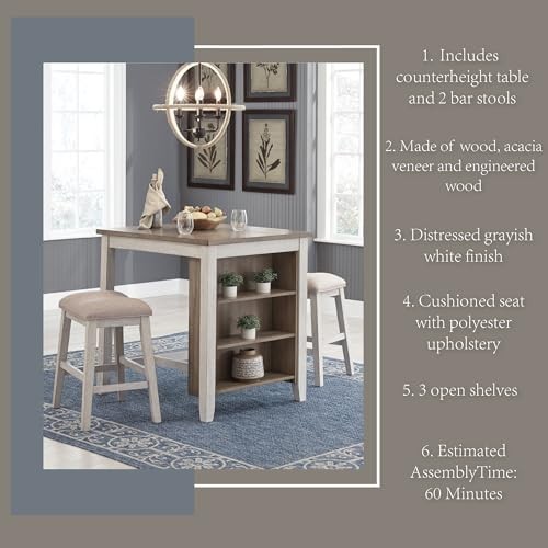 Skempton 3 Piece Counter Height Dining Set, Includes Table and 2 Whitewash