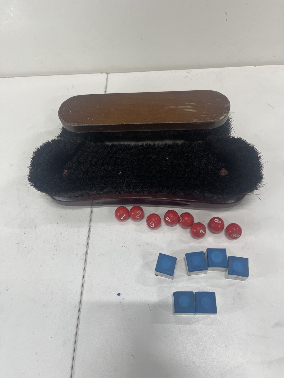 Pool Table Brushs 9" & 10", 6 cue stick chalk, 8 game dis, some missing.