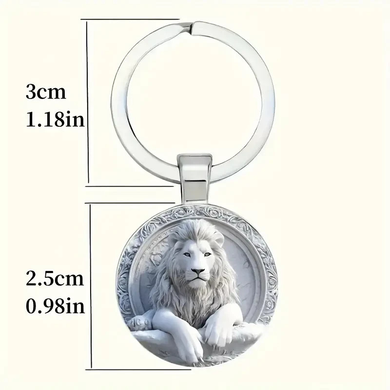 Silver Lion Key Ring Zing Alloy Round Glass Key Chain