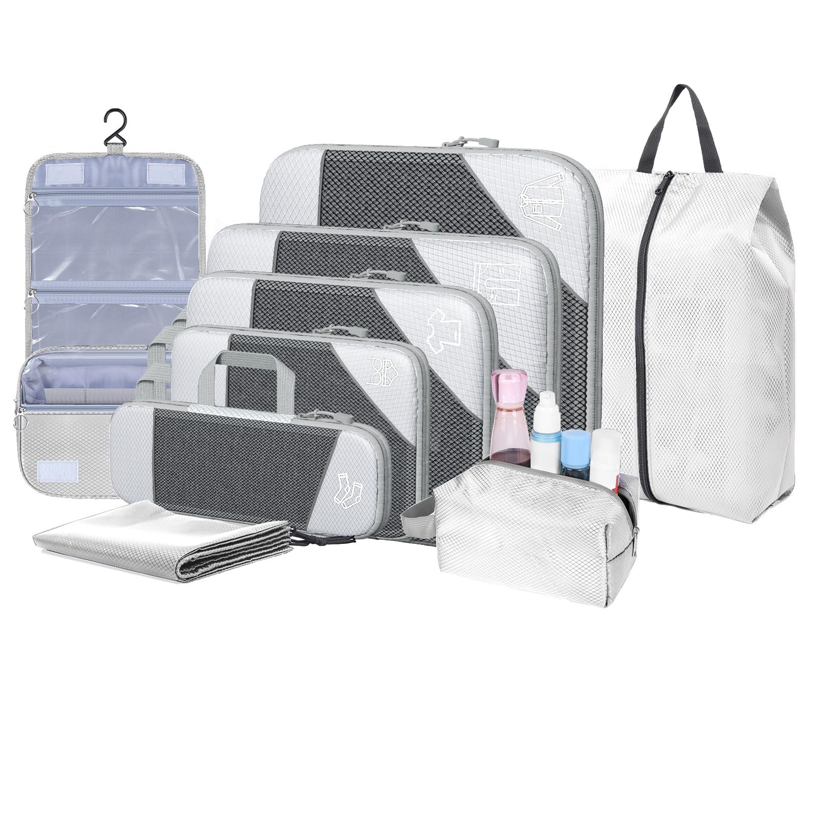 9-Set Packing Cubes with Hanging Bag | 9-Size Combination, Mesh Fabric & Refl...