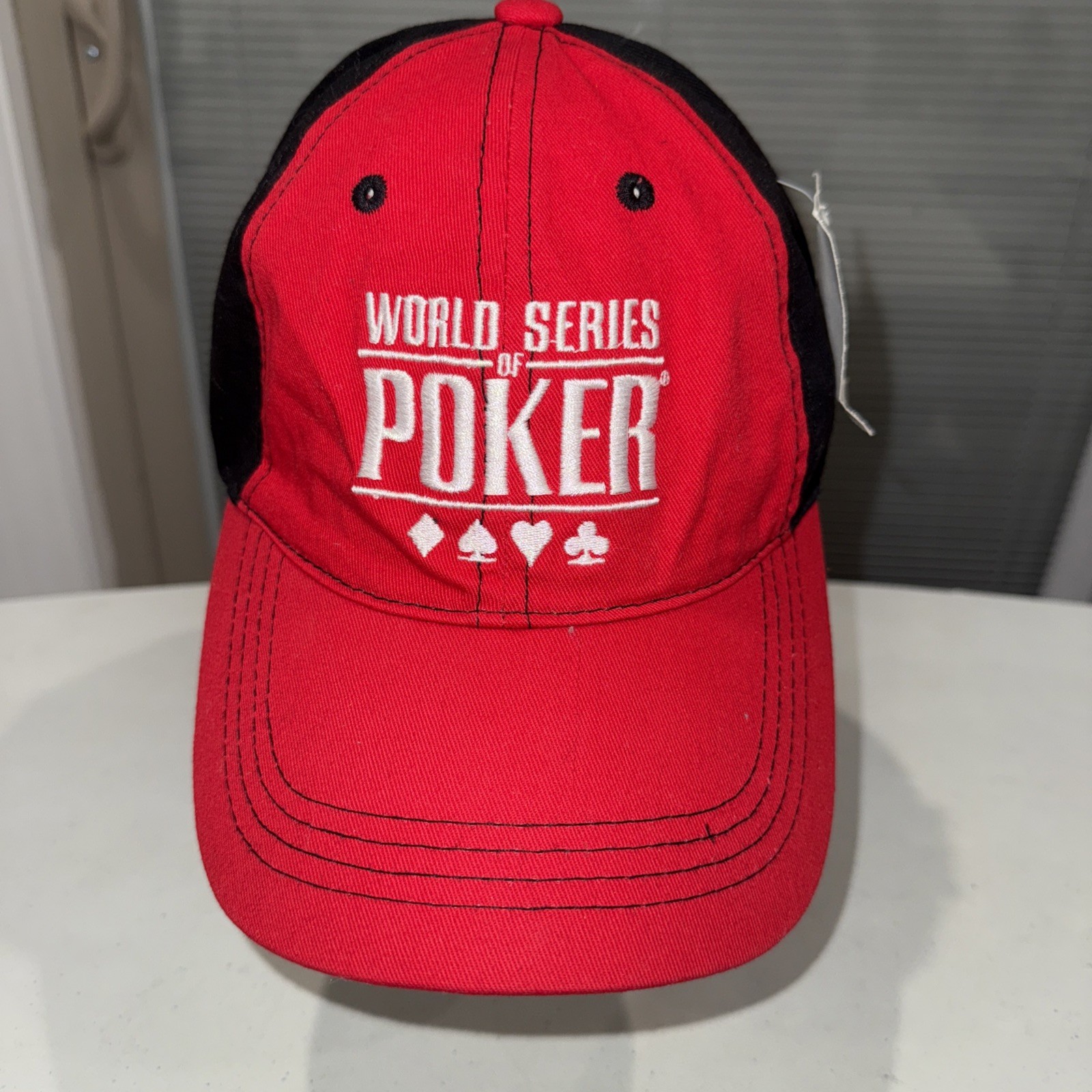 World Series of Poker in White on Red Fabric Front Hat Cap w Black Hook Loop EUC