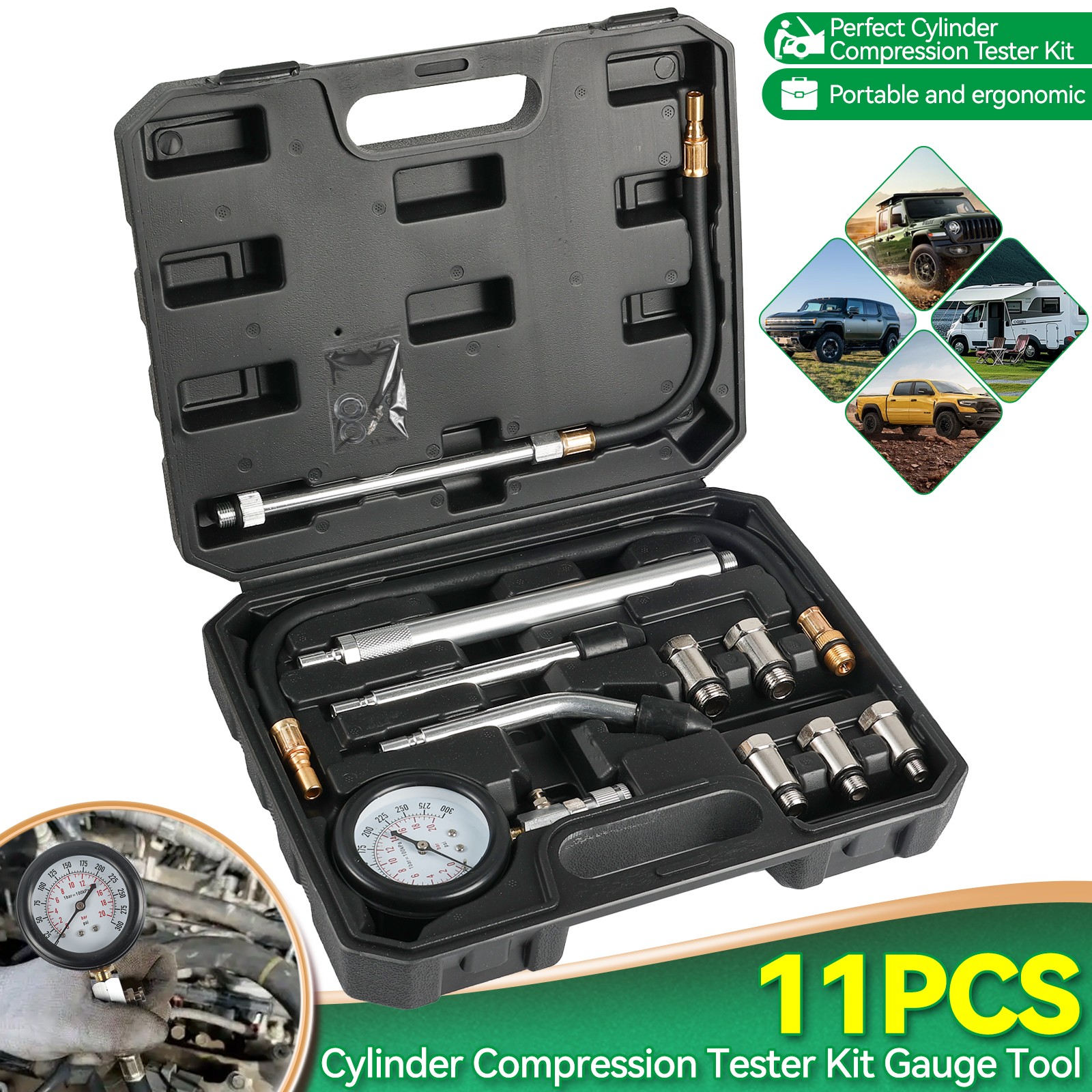 11Pcs Cylinder Compression Tester Gas Engine Gauge Kit Tool Auto Motorcycle Car