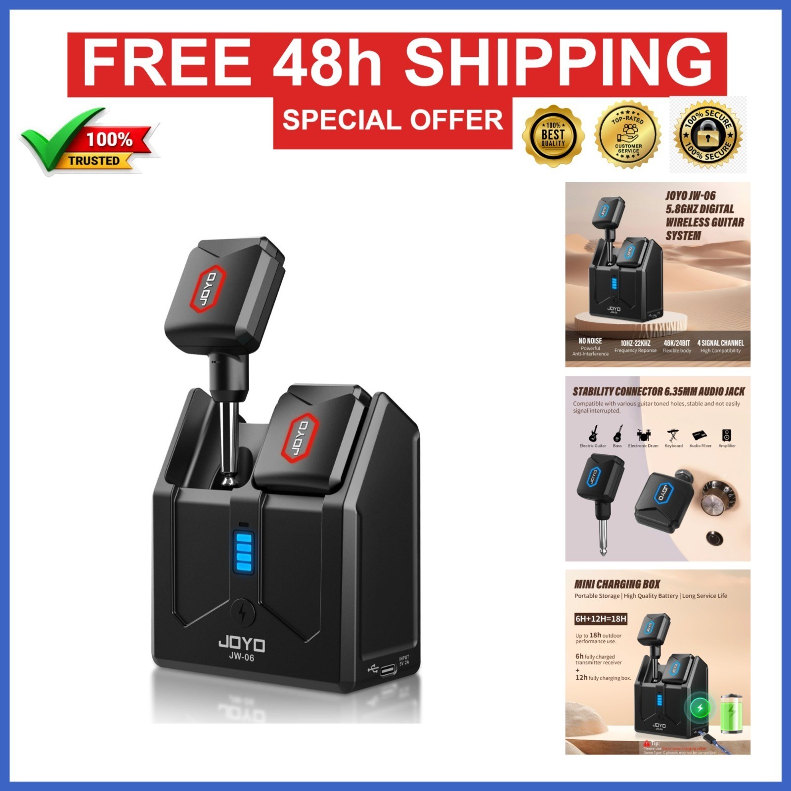 JOYO Wireless Guitar System Transmitter & Receiver, 5.8GHz, Low Latency