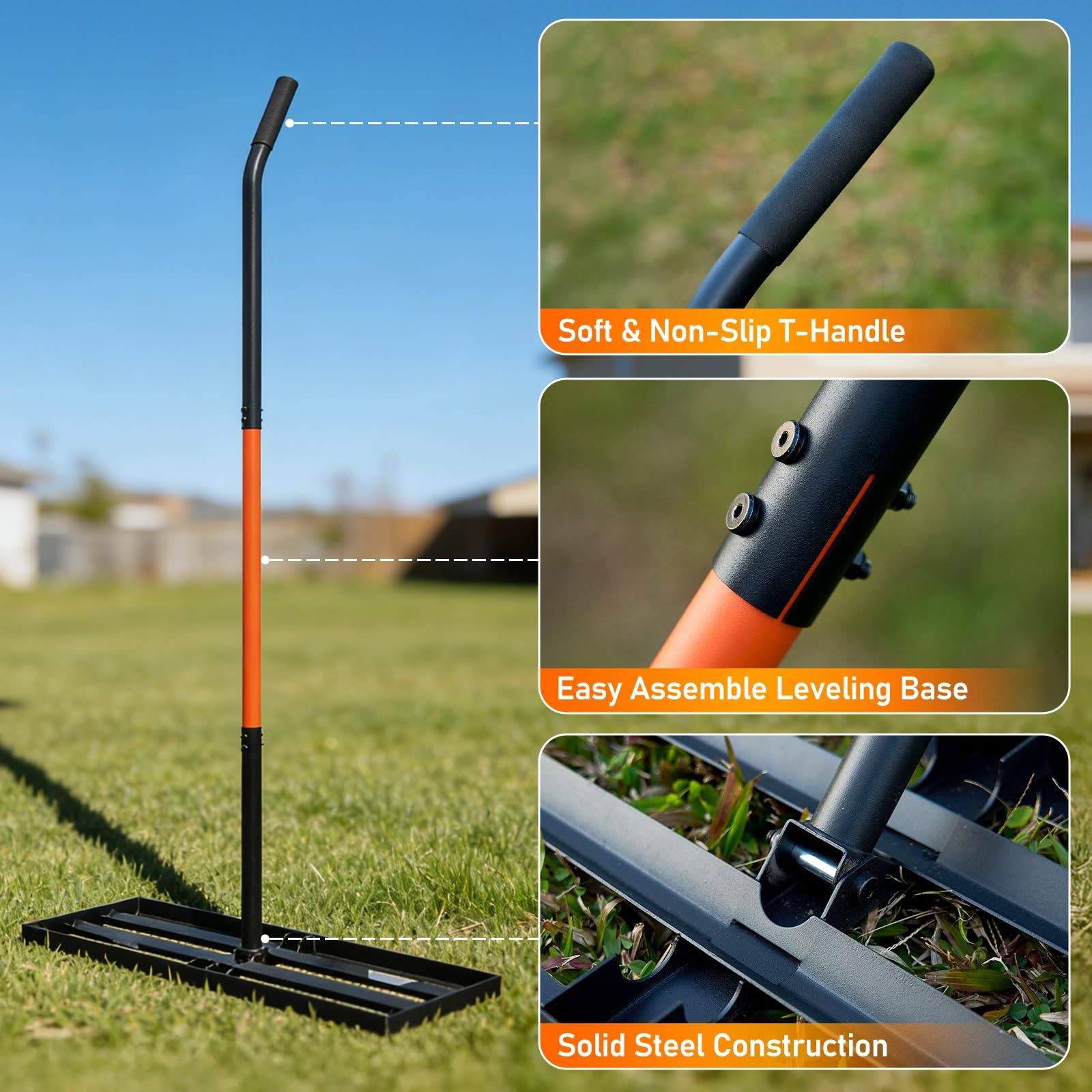 Lawn Leveling Rake, 30"x10" Rake with 78 Inch Adjustable Orange