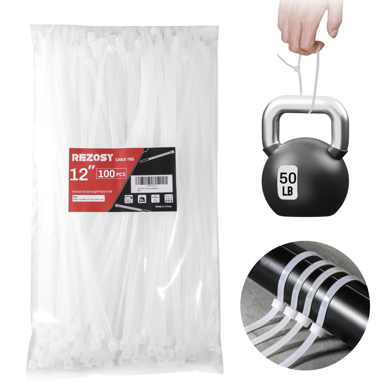 White Zip Ties 12 Inch 100 Pack Clear Tensile Strength 50 lbs