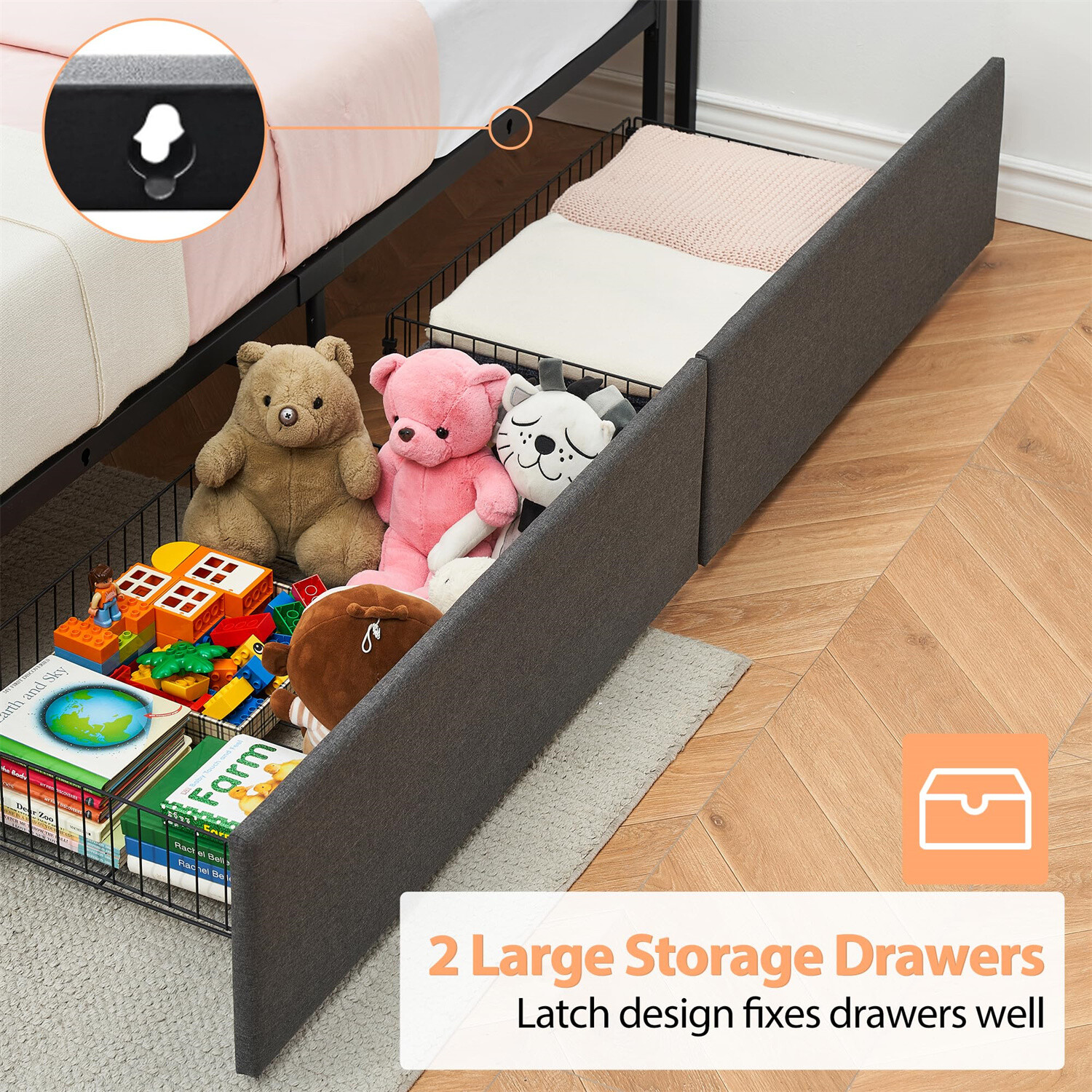 Twin Size Bed Frame with 2 Storage Drawers Linen Upholstered Platform Bedframe