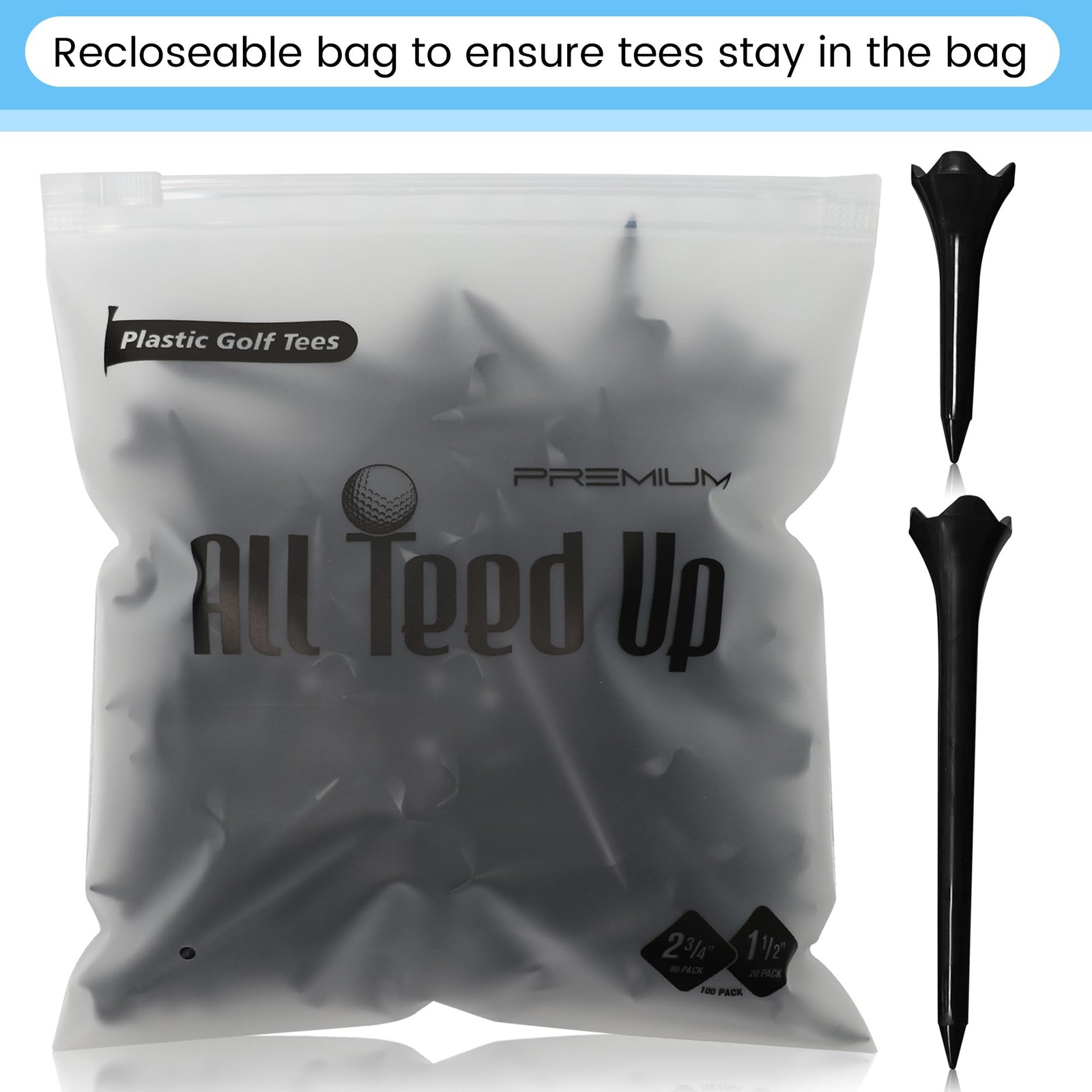 Premium Plastic Golf Tees - Black- 2.75 & 1.5 Inch Plastic Combo Pack