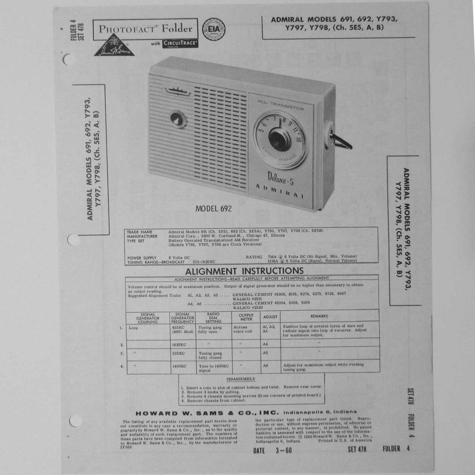 Admiral Models 691 692 Y793 Y797 Y798 AM Receiver SAMS Photofact ™ 1960 - New