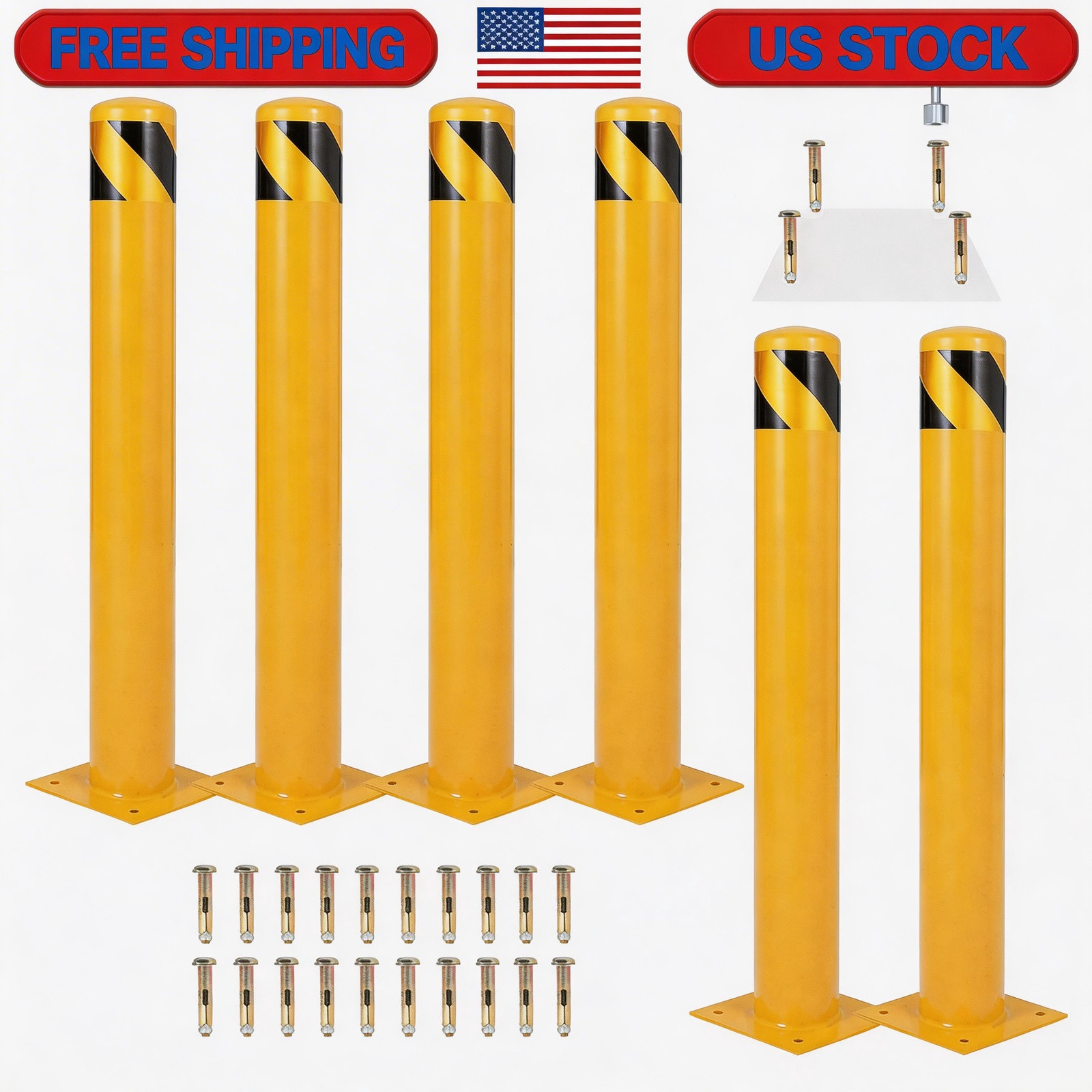 6Pcs Yellow Bollards 36-Inch Steel Traffic Control Posts, 4.5-Inch Diamet Safety