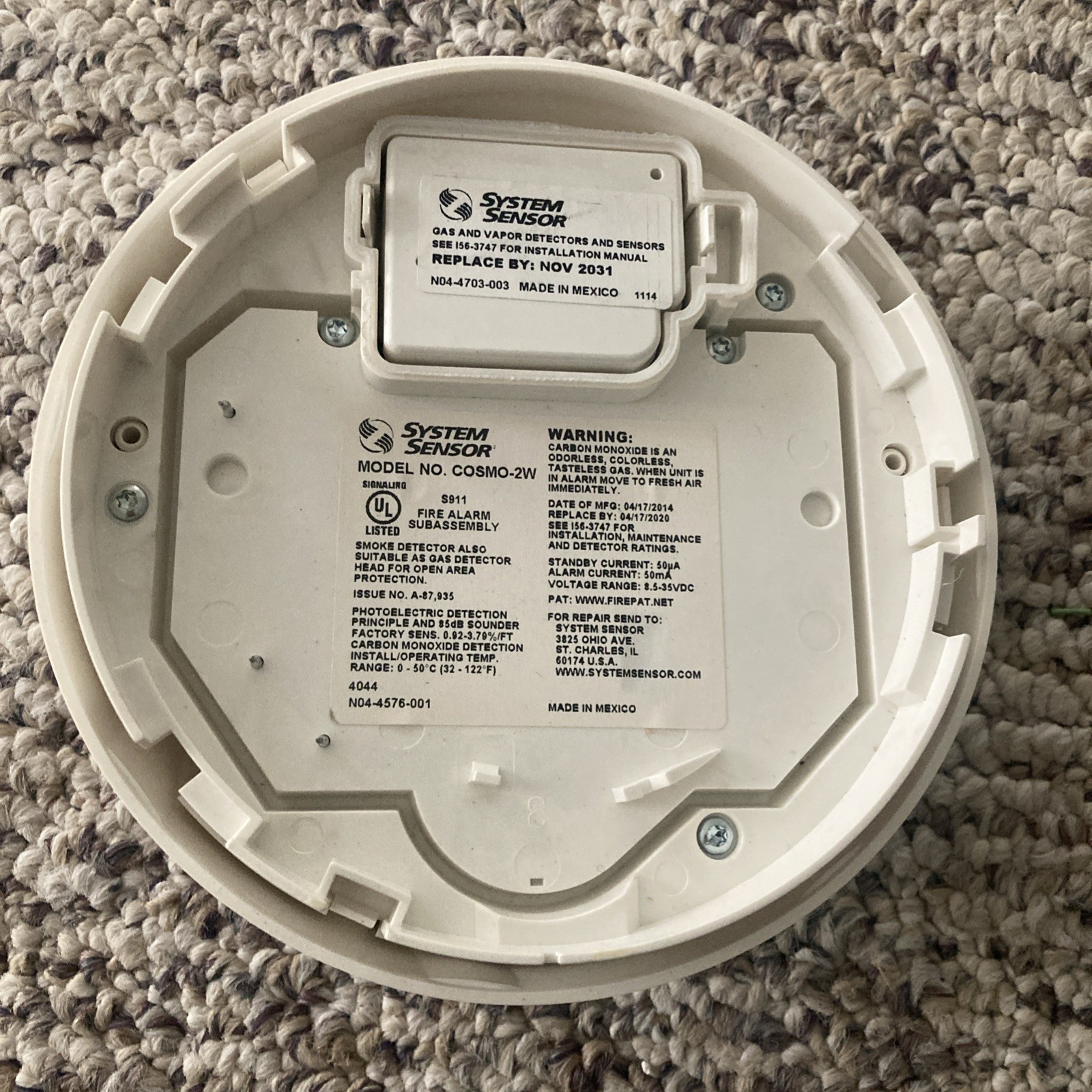 System Sensor COSMO-2W Combination Carbon Monoxide and Smoke det. Expire 2031