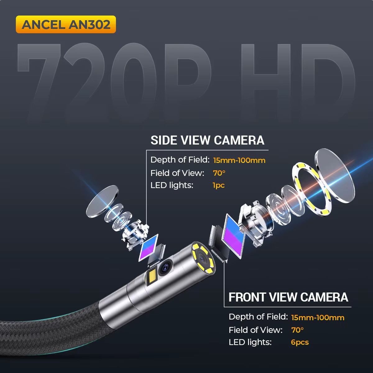 Articulating Borescope Industrial Endoscope Dual Camera Two-Way 210° Waterproof