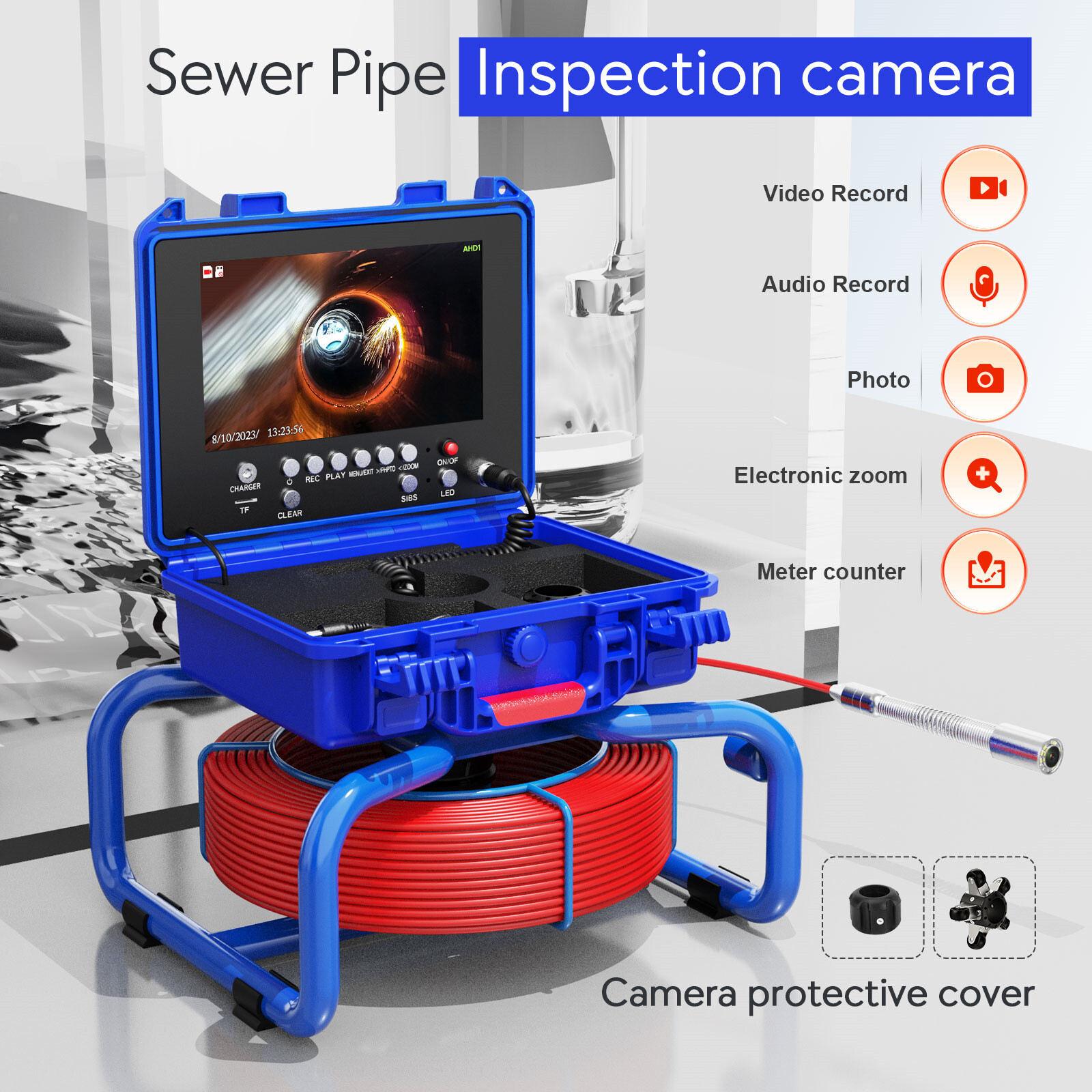 9" Pipe Inspection Camera with 512Hz Transmitter Self-leveling Sewer Camera 20M