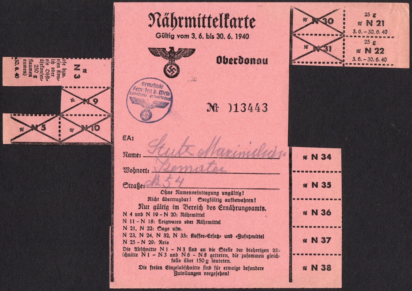 Food Rations coupon - WWII - 1940 - Germany Austria / Oberdonau -"N35"