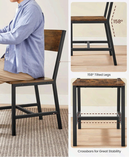 VASAGLE Dining Chair Set of 2 Rustic Wood Metal Frame Brown Black