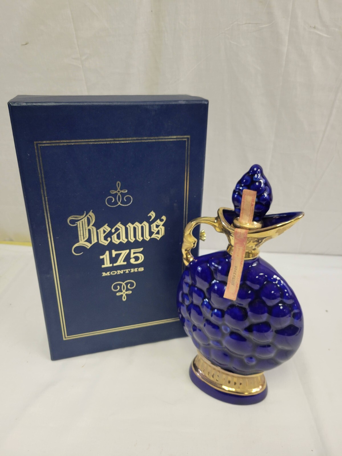 Vintage 1963 Jim Beam Cobalt Blue & Gold 175 Months whiskey decanter w/ box