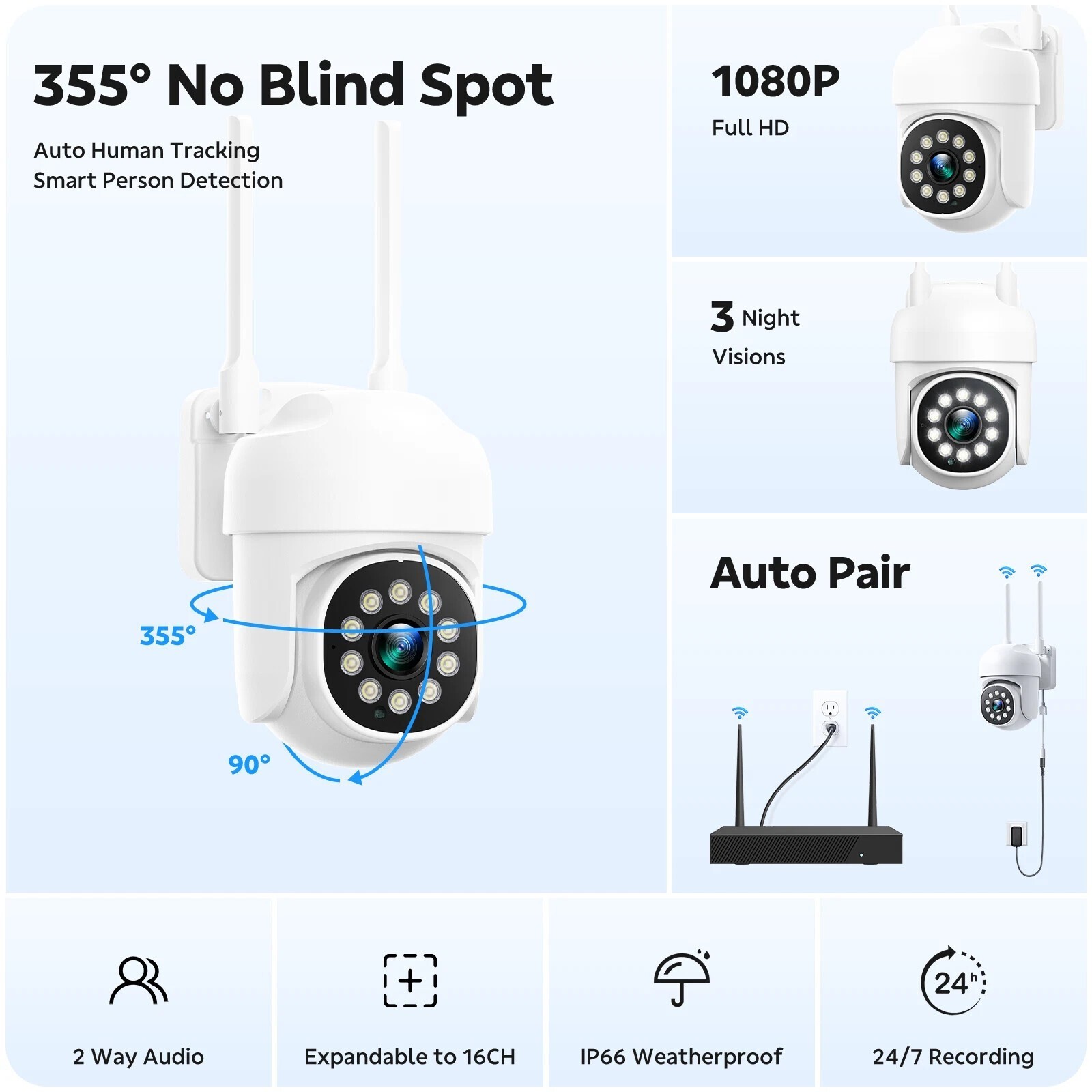 CAMCAMP 8PC PTZ WiFi Cameras 16CH 4K NVR Wireless Security Camera System Audio