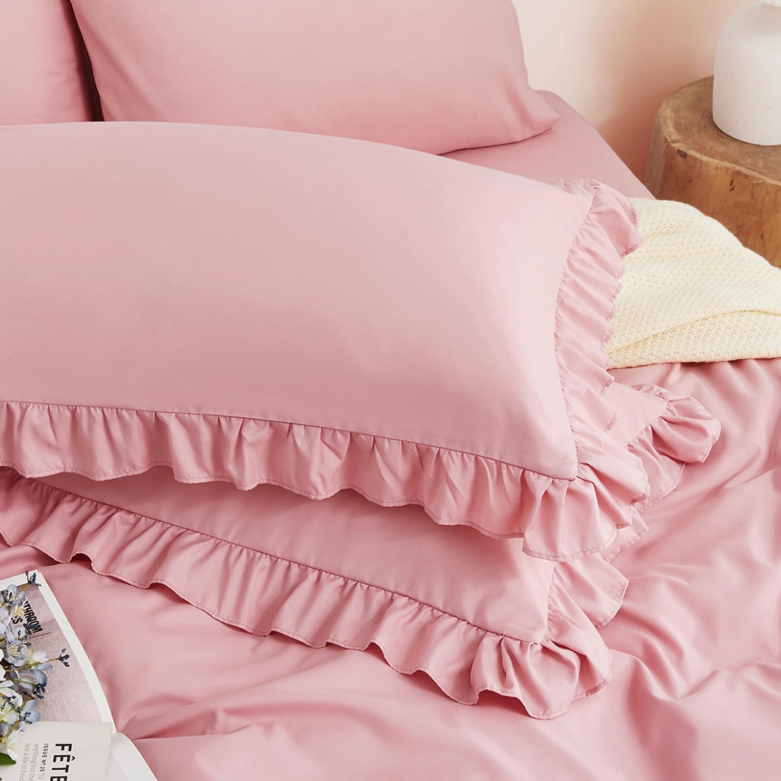 Horbaunal 2 Pack Pink Ruffle Pillowcases Standard Size, 20" 20x26 Inch,
