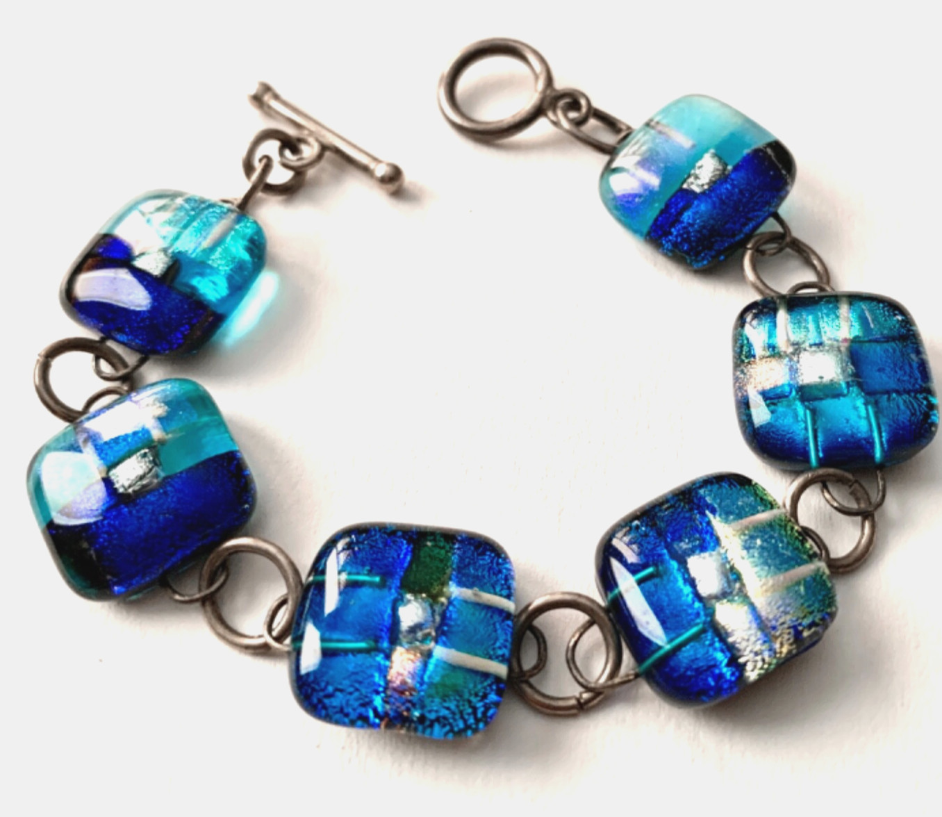 Handcrafted Artisan Fused Blue Multicolor Dichroic Glass Bracelet
