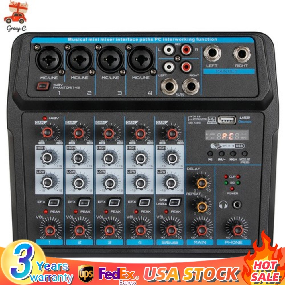 6 Channel Mixing Console Sound Live Studio Audio Mixer USB Bluetooth