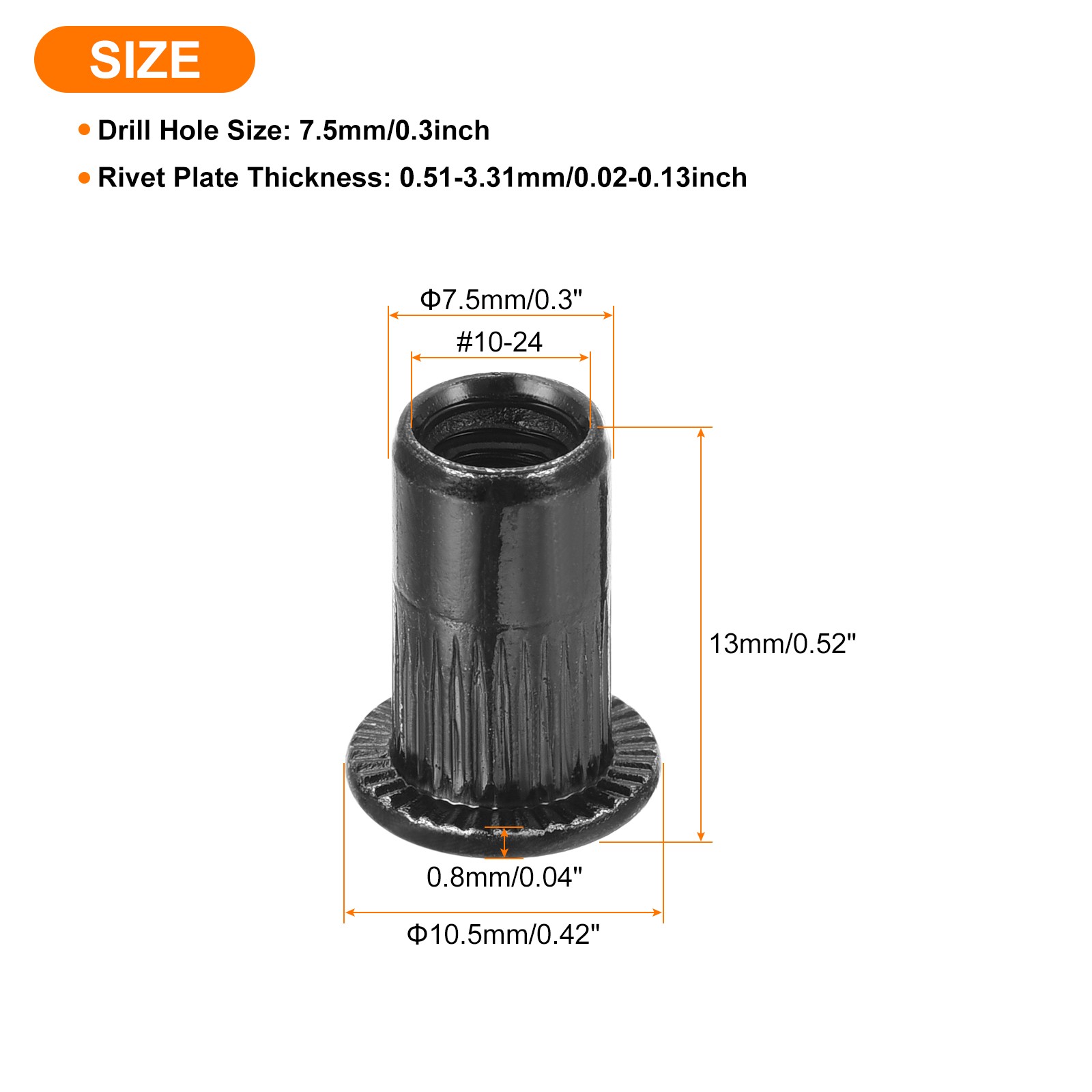 50Pcs Rivet Nuts Flat Head, #10-24 Carbon Steel Thread