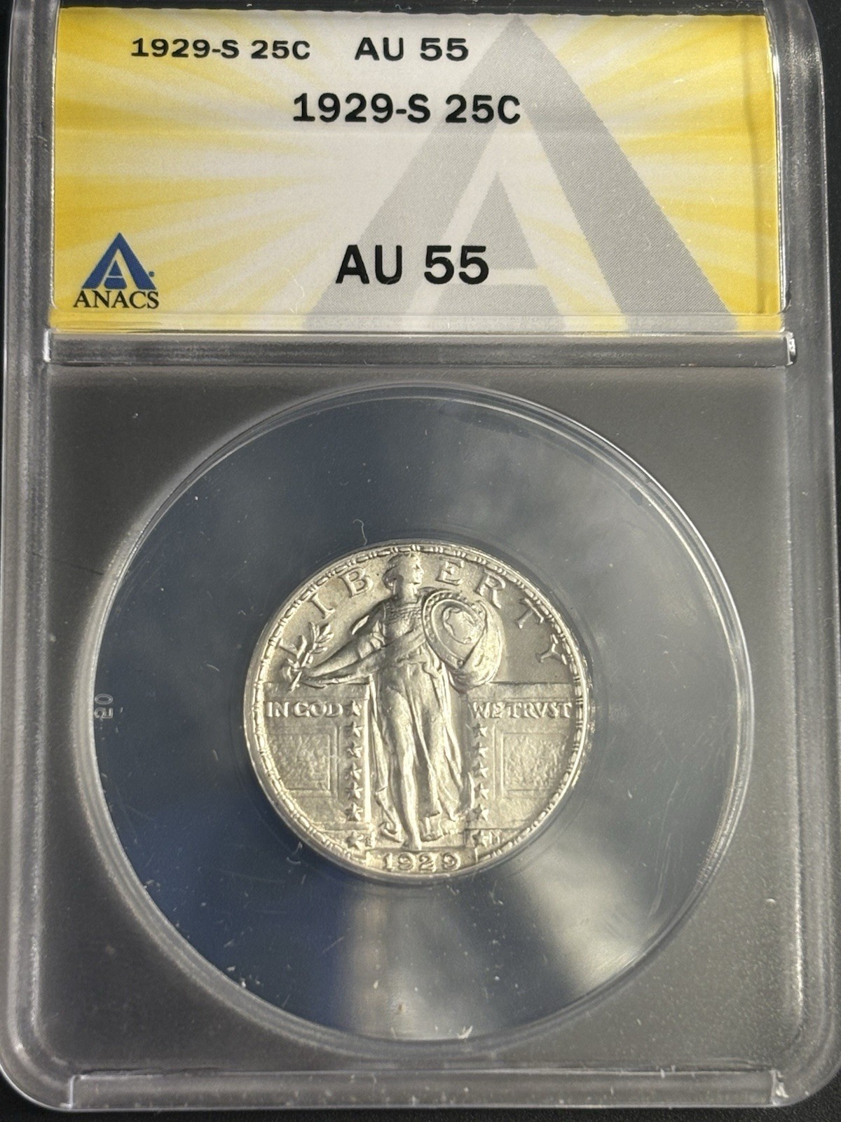 1929 S 25C Standing Liberty Quarter ANACS AU-55 Lustrous, Under Graded