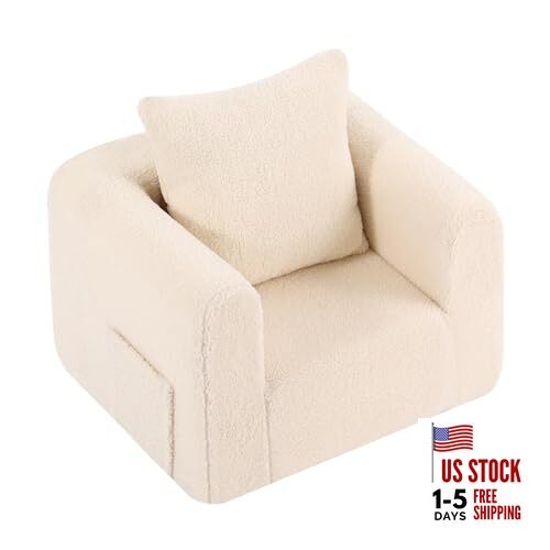 Kids Sofa with Pillow, Cozy Toddler Chair Soft Foam Seat for Sherpa Beige