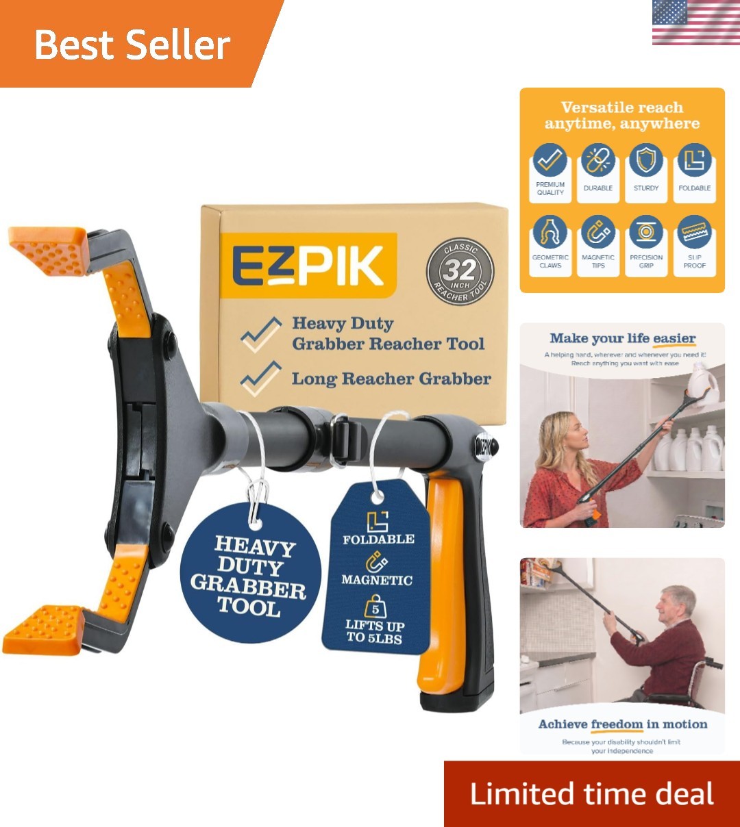 Heavy-Duty Folding Grabber Reacher with Dual Magnets - 32 Inch Tool for Mobility