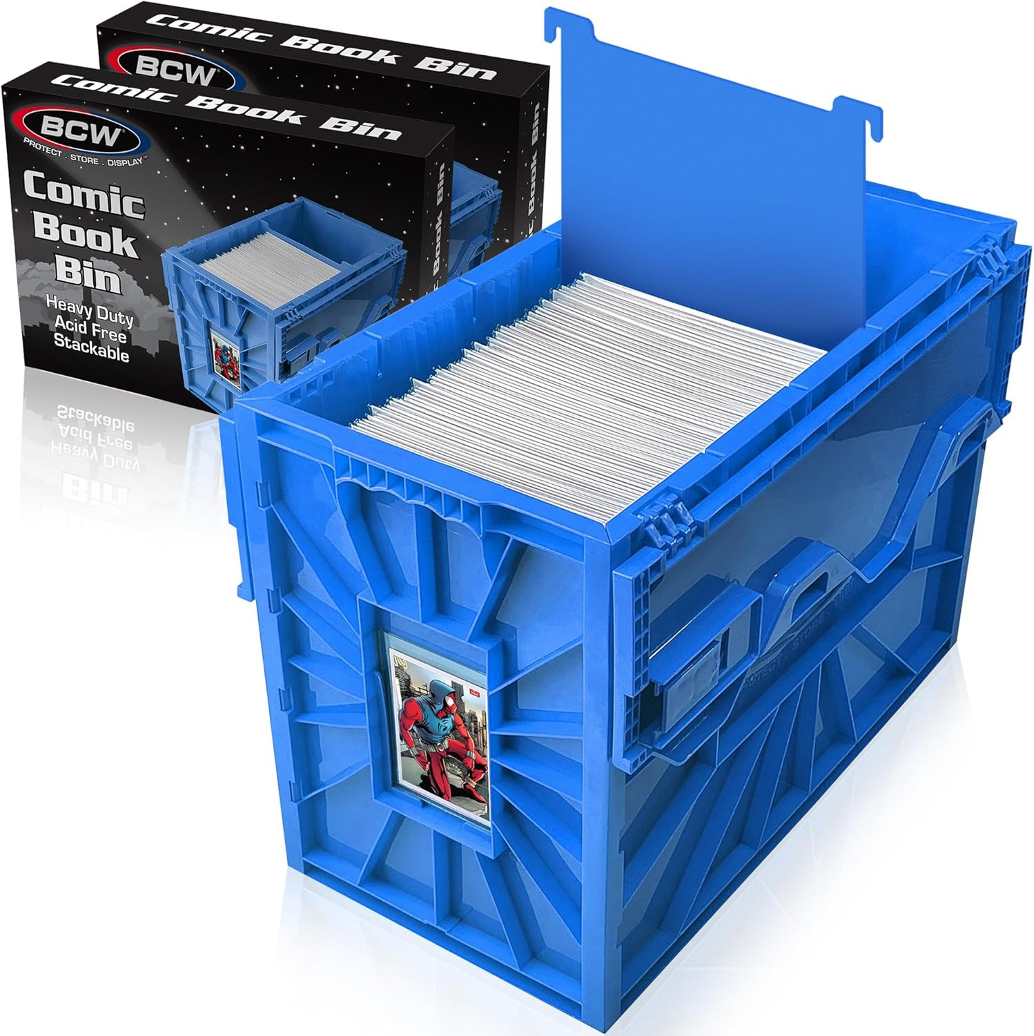 Stackable Comic Book Storage Bins - 2 Pack, Holds 150 Comics, Acid-Free, Blue
