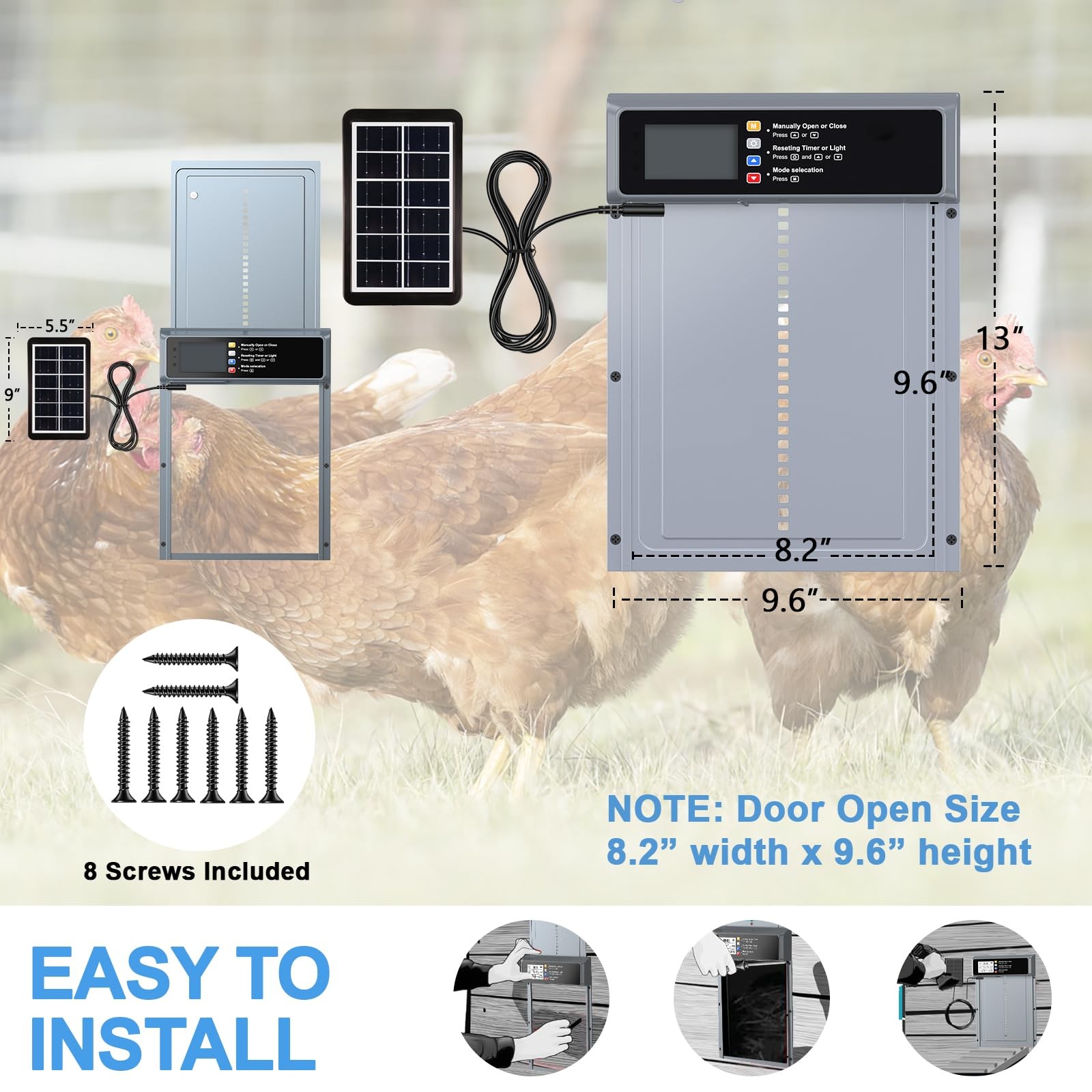Automatic Chicken Coop Door Solar Powered, LCD Display Automatic Chicken Door...