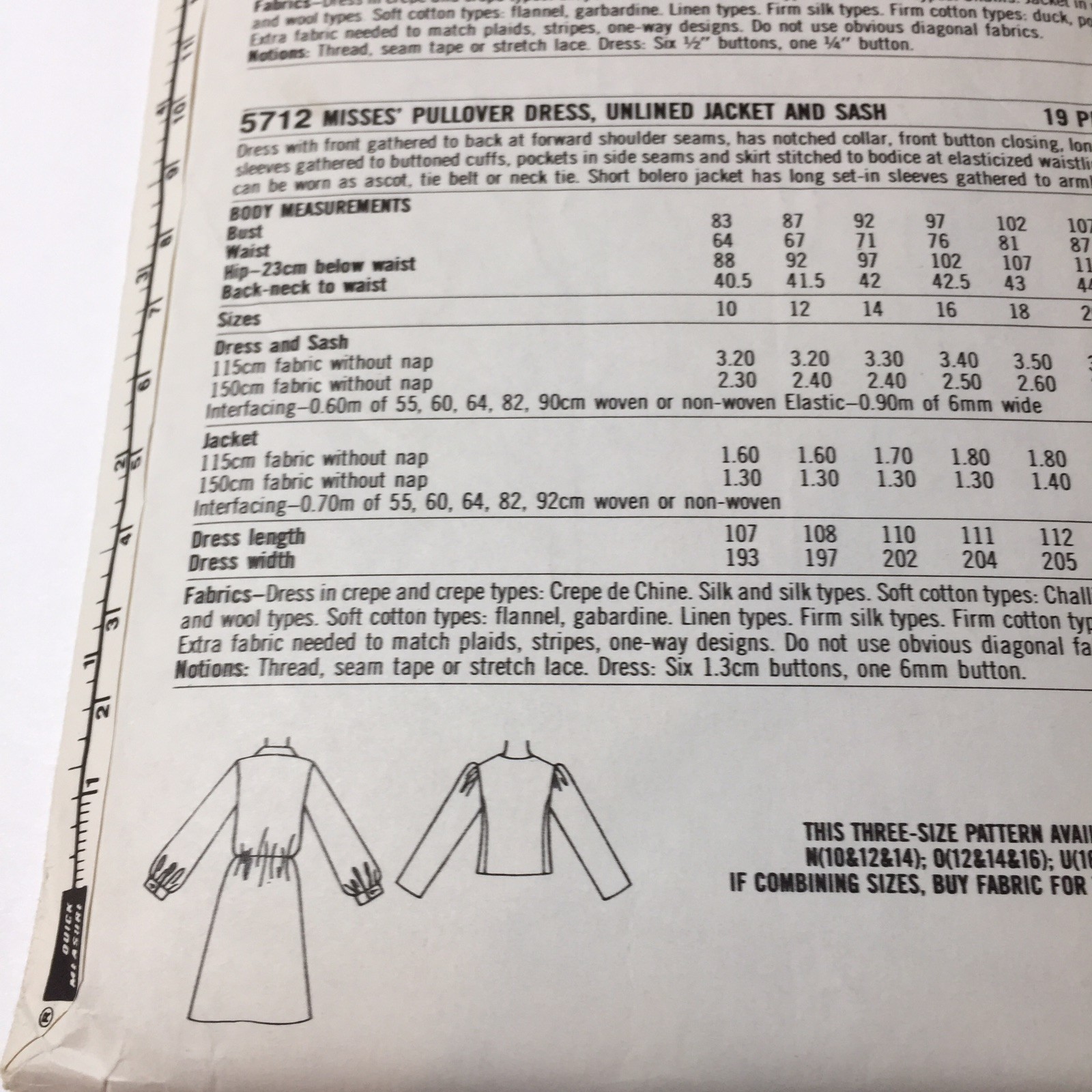 Simplicity 5712 Size 10 12 14 Misses' Pullover Dress Unlined Jacket Sash
