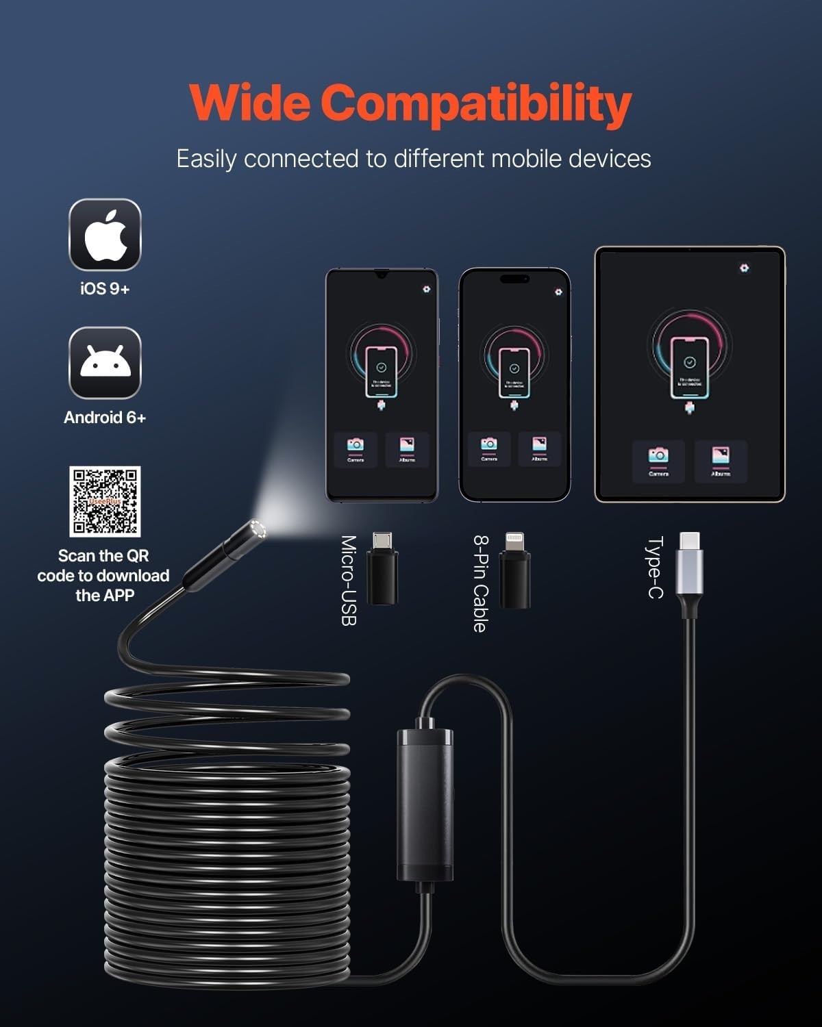49.2FT Waterproof Endoscope Camera - 1920P HD Inspection Tool for Android & iOS