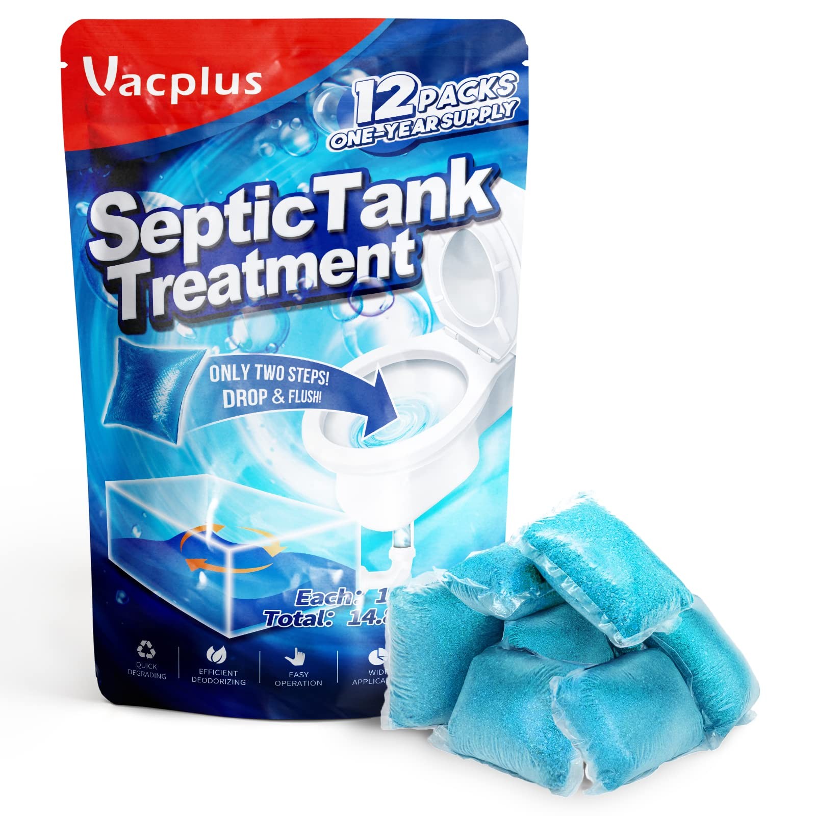 Vacplus Septic Tank Treatment 12 Pcs for 1-Year Supply, Dissolvable Packs with E