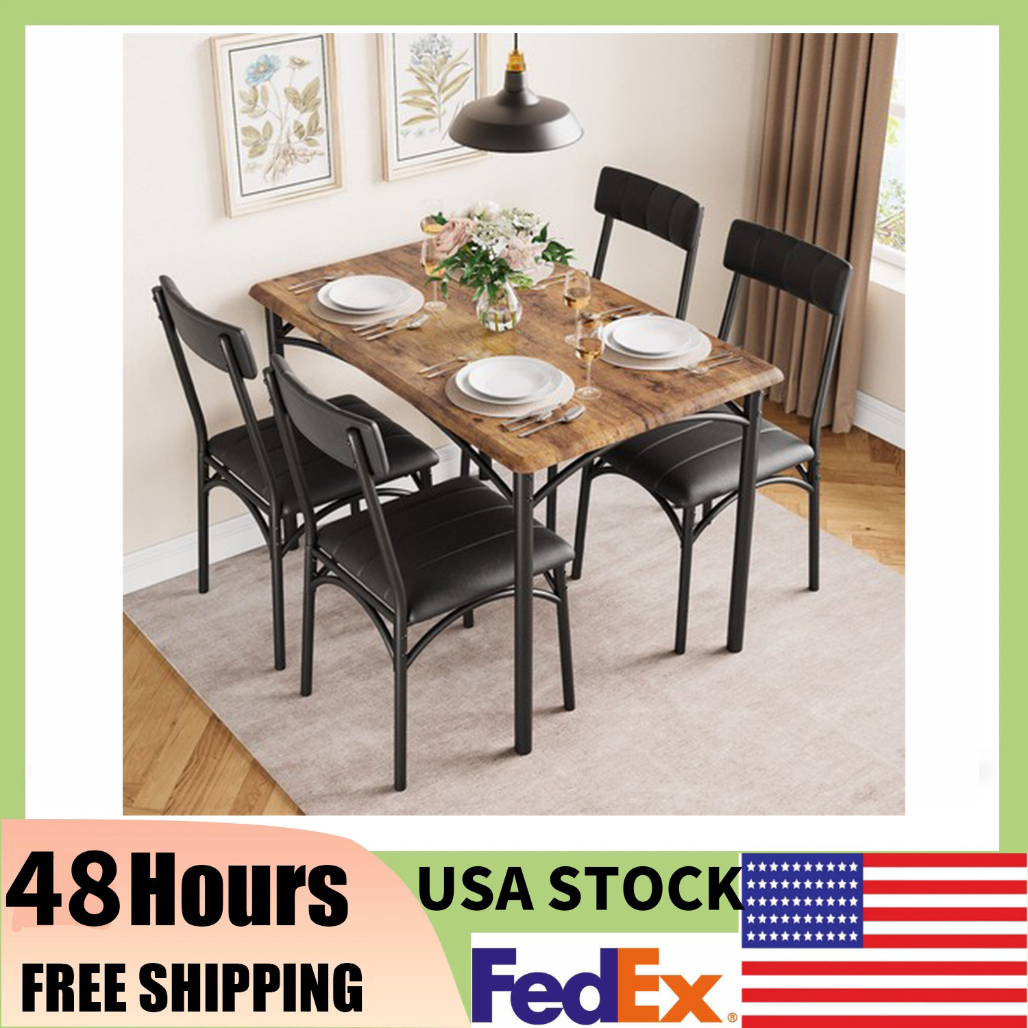 ⚡5Piece Set for Kitchen Room,Wood Rectangular Kitchen Table W/4 Upholstered Chai