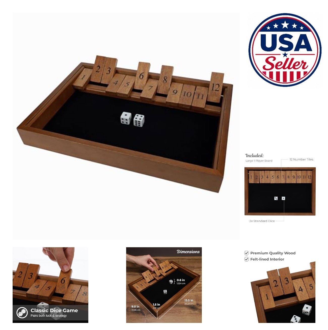 Shut the Box Game Wooden 12 Number Tiles 2 Dice Felt Surface 13.5 Inch Family