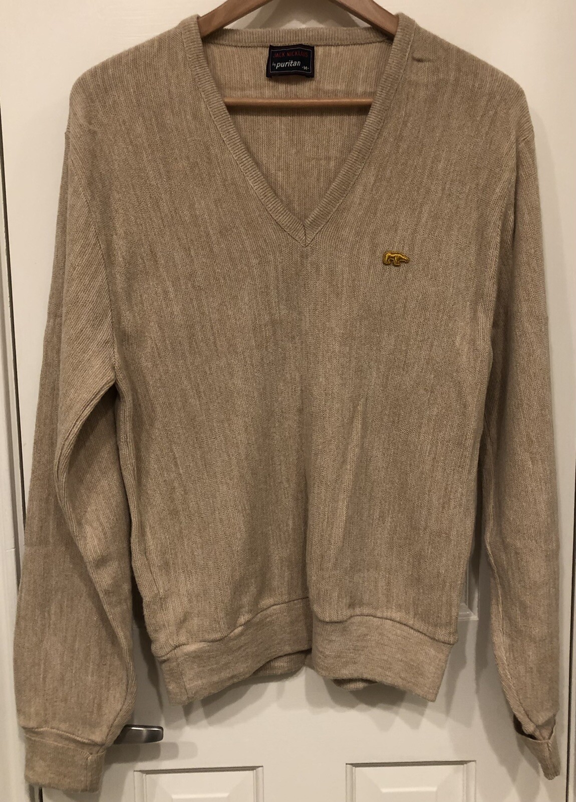 Vtg Men's Jack Nicklaus Golf LS V-Neck Sweater (Golden Bear) Tan - Sz M - USA
