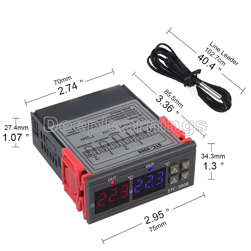DC 12V Digital STC-3008 LED Display Dual Temperature Thermostat Controller Probe