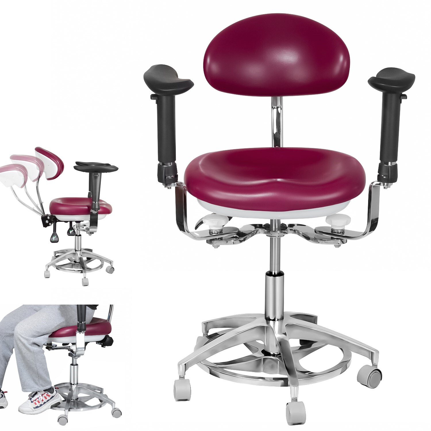 360° Swivel Dental Mobile Dynamic Chair Height Adjustable Stool with Footrest PU