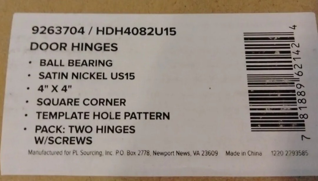 9263704/ HDH4082U15 Door Hinges Ball Bearing Satin Nickel 4"×4" Square Corner...