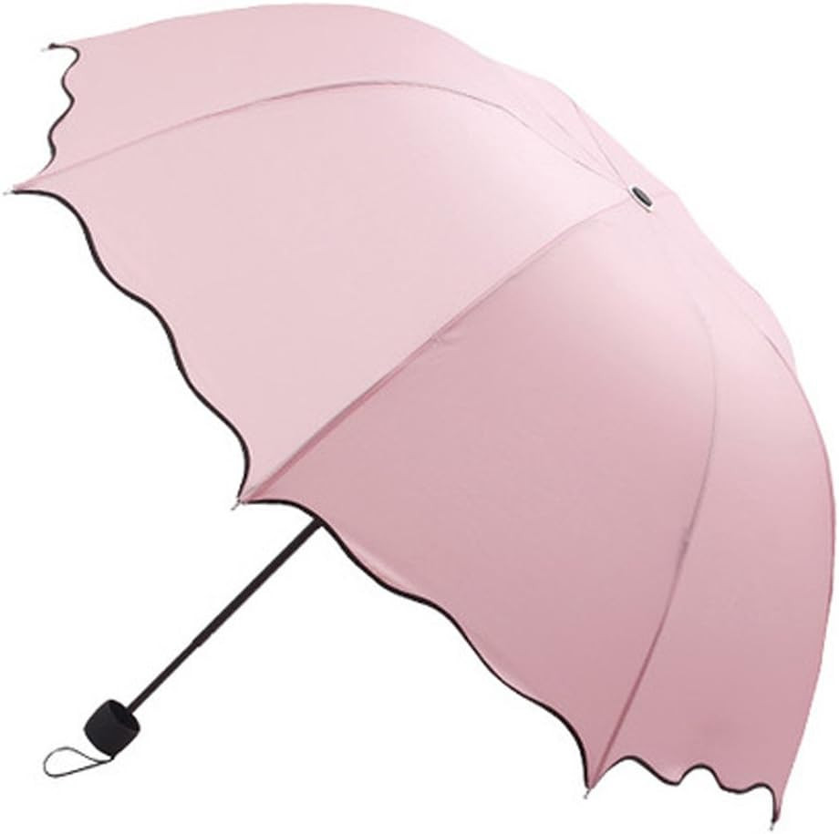 Dome Parasol Sun-Rain Umbrella,Triple Folding Ruffled Anti-Uv Parasol (Pink)