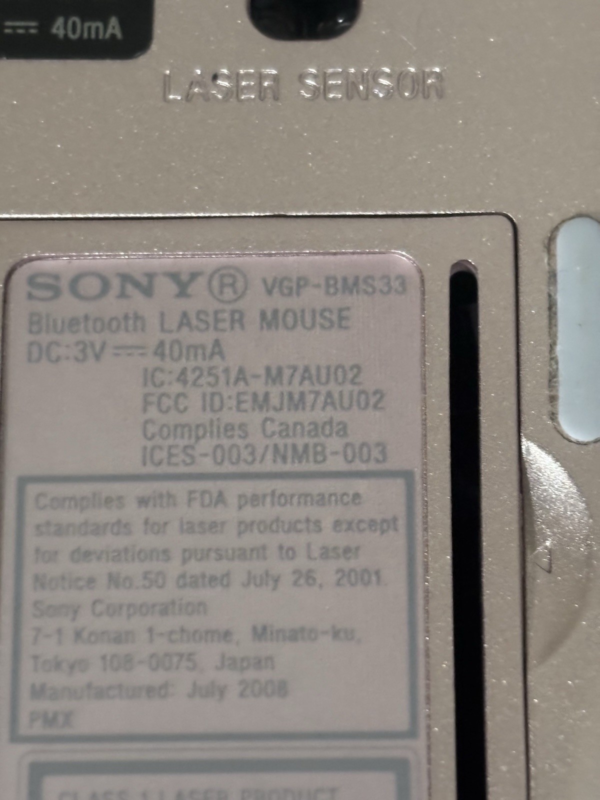 Sony Vaio Bluetooth Laser Wireless Mouse VGP-BMS33 - TESTED