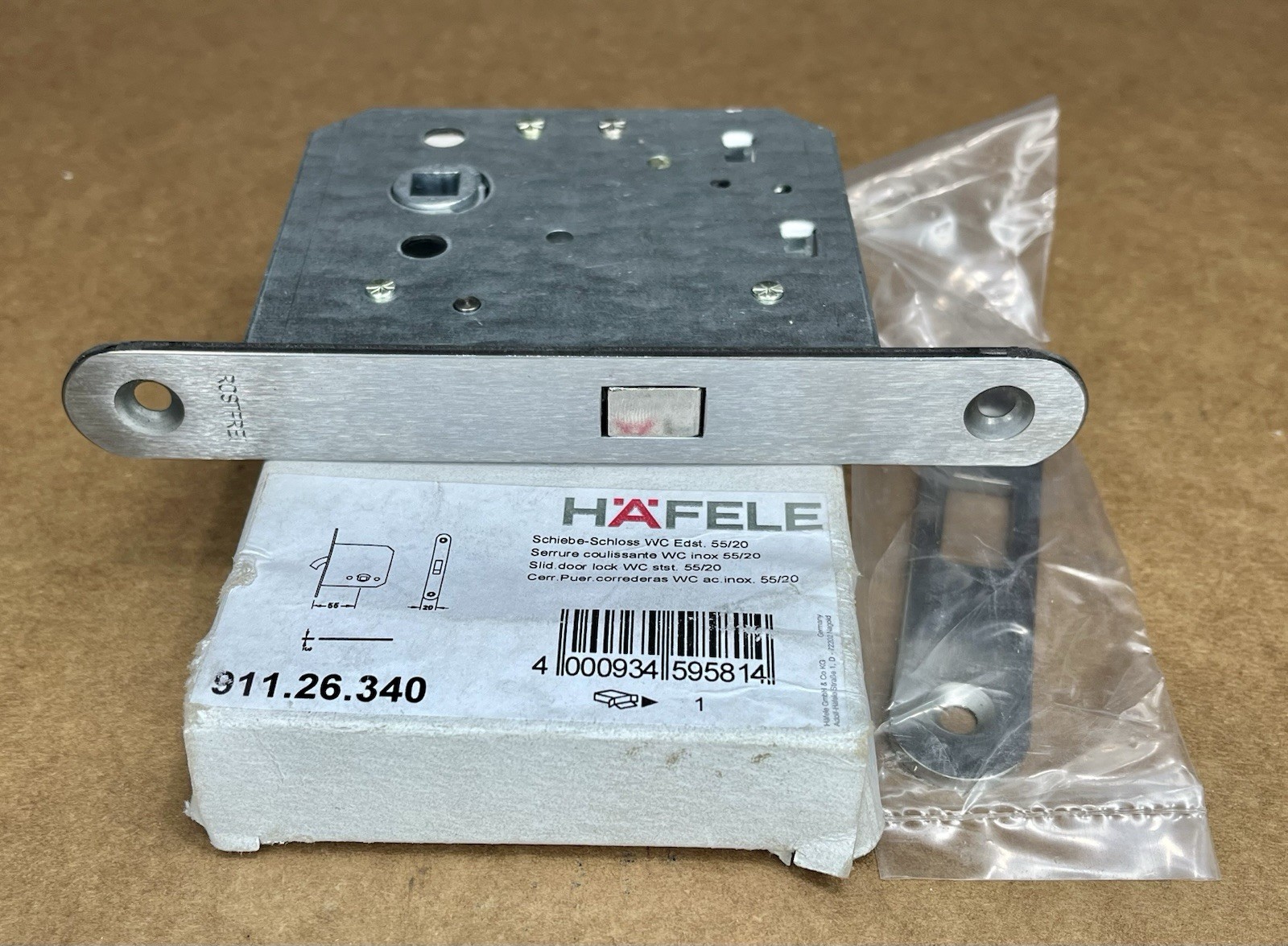 Hafele 911.26.340 Mortise Lock Stainless Steel 55/20mm Häfele